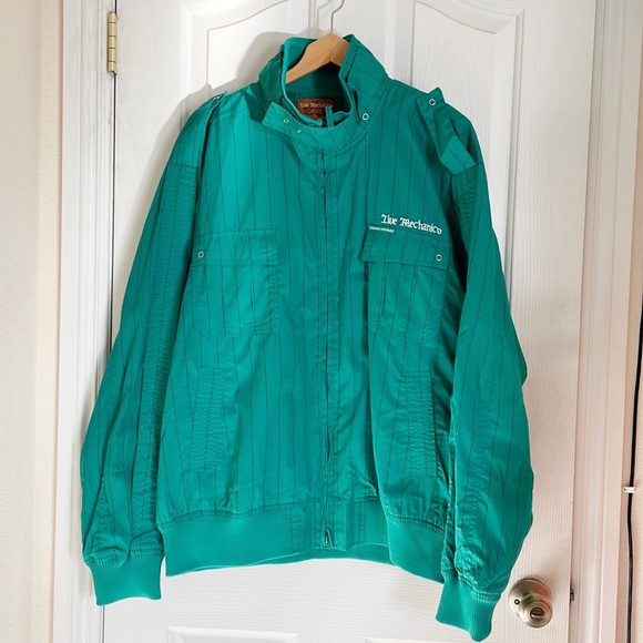 live mechanics well established mens green pinstripe  crest & sheild logo jacket - Picture 2 of 10